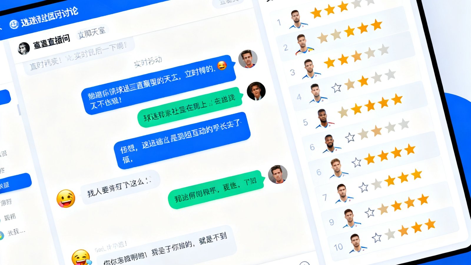 球迷社区讨论区界面截图，展示了比赛直播间聊天室的实时消息滚动、球迷发送的表情和评论，右侧为赛后球员评分面板